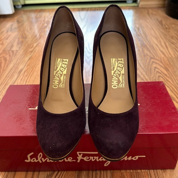Salvatore Ferragamo Shoes - Salvatore Ferragamo Purple Plum Suede Fiamma Z Wedges- Size 7.5B